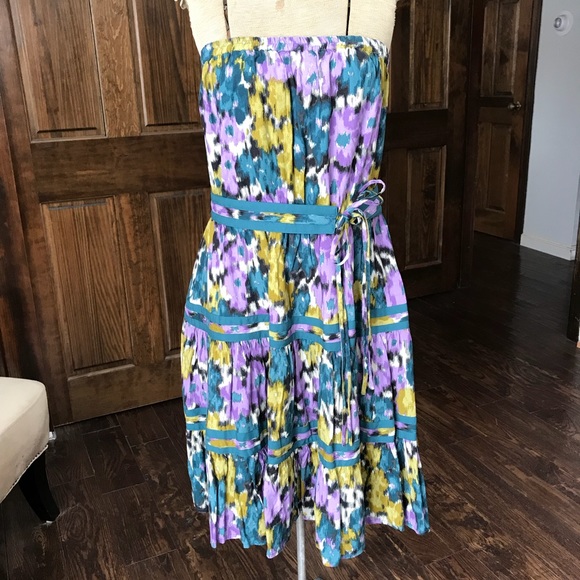 Elle Dresses & Skirts - ELLE Strapless Purple & Green Floral Motif Dress M